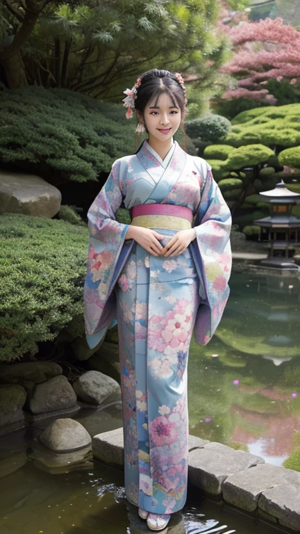 (Masterpiece, Top Quality, Finest, Official Art, Beautiful, Aesthetic:1.2), (1 Girl:1.3), Very Detailed, (Fractal Art:1.3),Colorful, Most Detailed, Ancient Japanese Style, (Kimono:1.2),Big Tits, Smiling, No Hairpiece, Big Eyes, Kind Expression, Cute, Long Legs, Full Length Japanese garden,