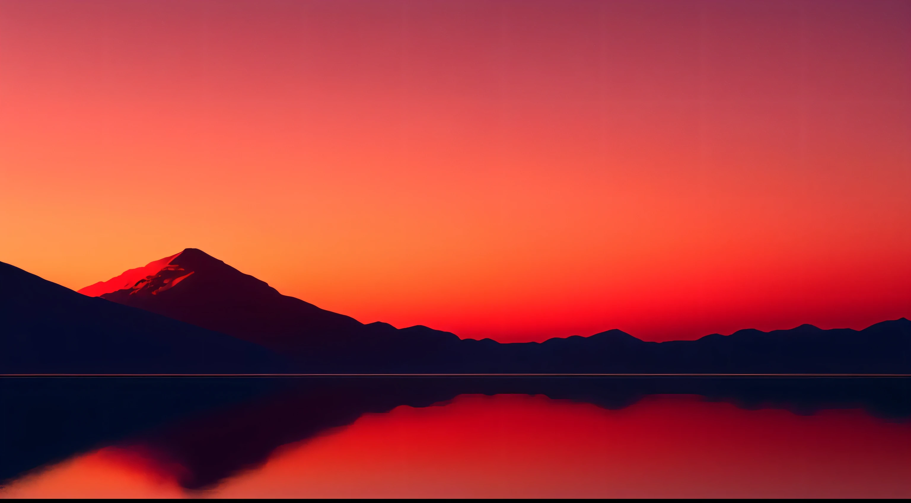 a red sky with a few clouds in the distance, a screenshot by Stanley Twardowicz, polycount, minimalism, matte background, wallpaper, minimalist, mountains and the clouds are reflected in the water at sunset