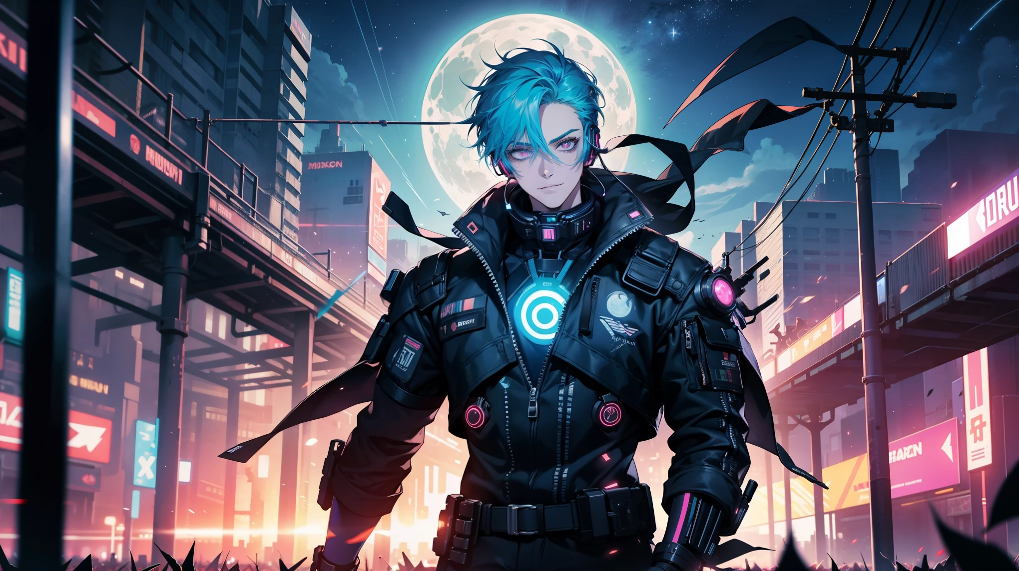 1boy, (extremely beautiful), solo, male focus, cyberpunk, neon lights, vibrant colors, headphones, Cyberpunk, neon, masterpiece, best quality, ultra-detailed, cyberpunk background, detail, in the starry night, stars, moon, explosive and clear eyes, glowing eyes, beautiful details in the wind, little smile. thinking and watching the moon, electrifying, having fun, full body, music