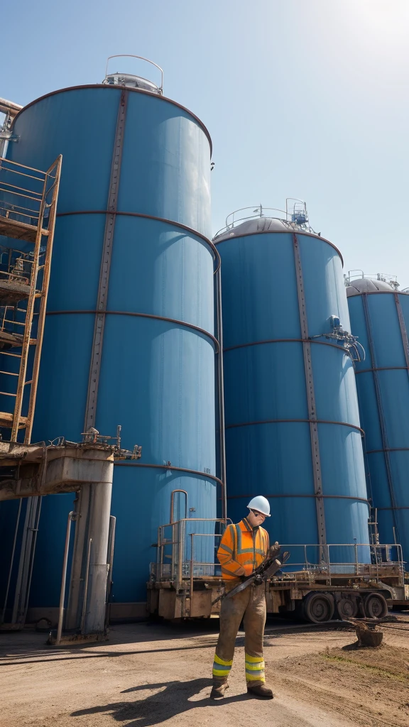Create an image of landscape photography, huge water tanks in blue color, bright sky, environmental portrait, engineering portrait, worksafe. instagram photo, people at work, water industries, engineering, corporate photo, industrial photo, look at the details. 