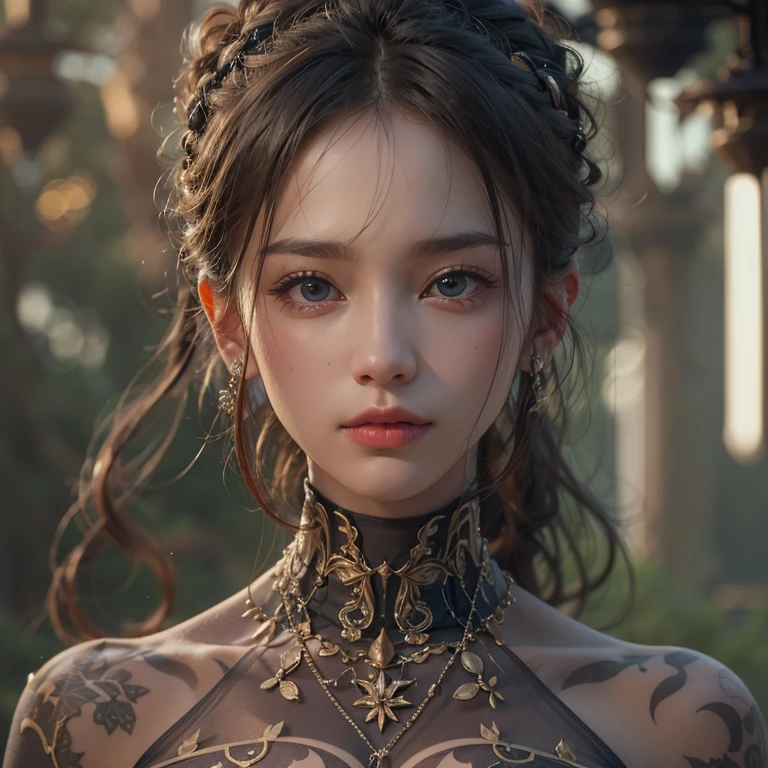 desert、Hair flows、 ((highest quality、masterpiece、8k、best image quality、ultra high resolution、Award-winning work)、(close-up of woman&#39;s face:1.35)、(close-up of naked face:1.3)、(accurate anatomy:1.1)、(look at me and smile:1.1)、Shining fair skin with ultra high resolution、most detailed face、ultra high resolution detailed face、ultra high resolutionの髪の毛、(ultra high resolutionの煌めく瞳:1.1)、Beautiful face drawn in every detail、(blurred background:1.1)、ancient Islamic clothes, chest together, tattoo, Old ruins in the background、