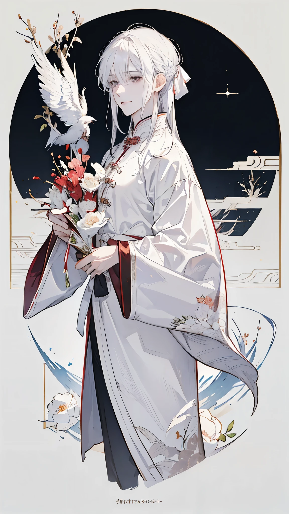white hair, long hair, parted bangs, very long hair, widow's peak, ribbon, blank eyes, white eyes, smile, male, Young man, Beautiful man, Chinese ancient style, White Chinese ancient costume, White shoes, White skin, White lips, wine altars, White Lotus, anime style, UHD, high quality, textured skin, high details, highres, 16k,White Phoenix,full-body shot,Leaning against the peach tree,Holding a fan,Squinting smile,Wearing Hanfu,Rich Man