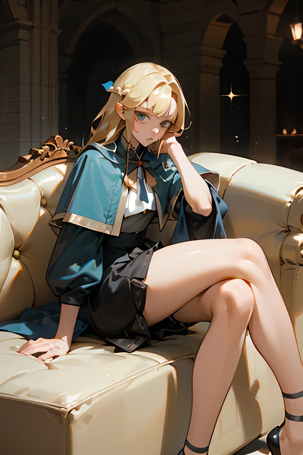 (masterpiece, best quality) detailed,  noble , Lolita skirt，Princess Skirt，Blonde ,elegant，Medieval，Princess，thigh，Leaking thigh，Cold expression，Sitting on a gorgeous single sofa