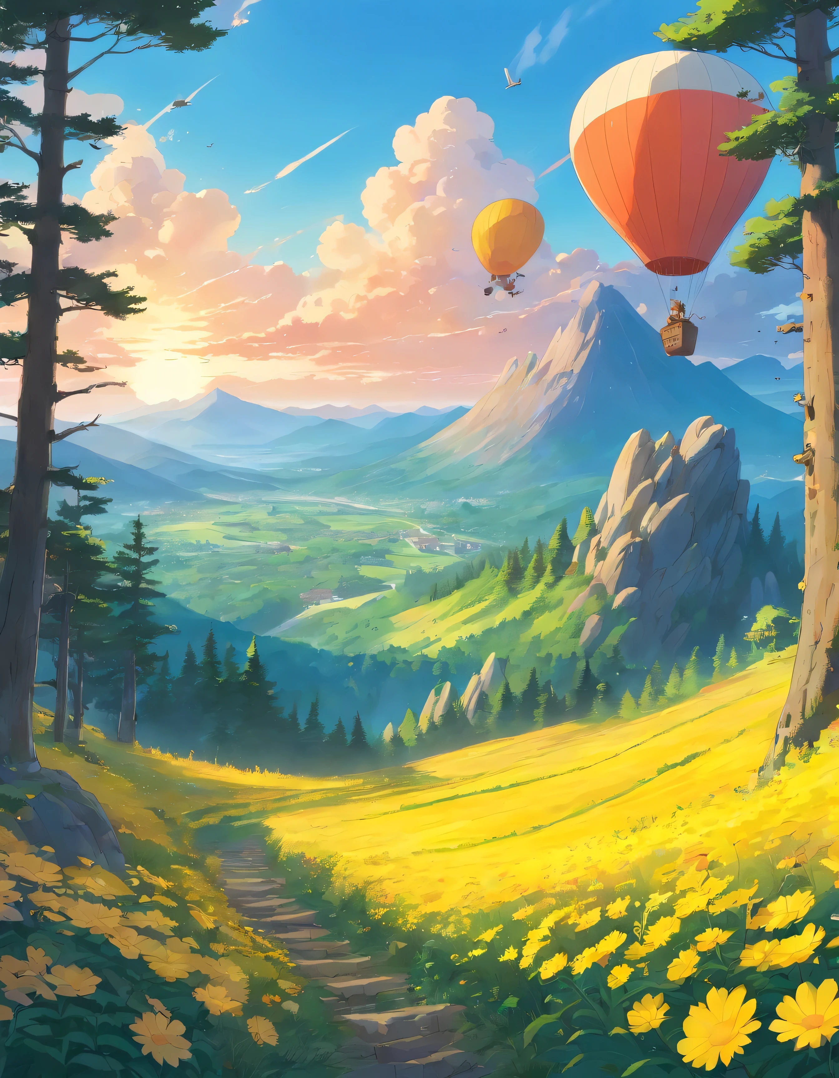over view of clearing on forest, close up, back lens, Pixar Movie Style, best quality, Cinematic Movie Still, very cute, amazing forest, mountains on horizon, amazing sunset, yellow flowers around clearing, rocks around, air balloon flying on sky, high definition, lightgreen trees
