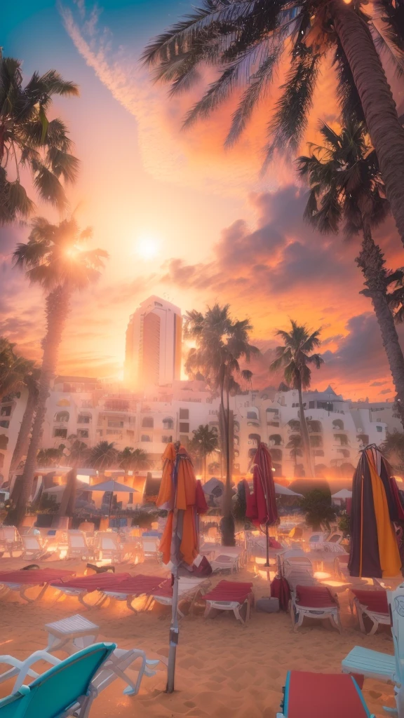 There are plenty of chairs and umbrellas on the beach near the hotel., in a beachfront environment, near beach, GoProshot on a 9, Palm tree in the background, paradise in the background, Shooting with wide angle, shot on a 9.8mm wide angle lens, with palm trees in the back, Ultra-wide shot, postprocessed, By Emmanuel Witts