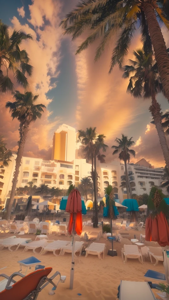 There are plenty of chairs and umbrellas on the beach near the hotel., in a beachfront environment, near beach, GoProshot on a 9, Palm tree in the background, paradise in the background, Shooting with wide angle, shot on a 9.8mm wide angle lens, with palm trees in the back, Ultra-wide shot, postprocessed, By Emmanuel Witts