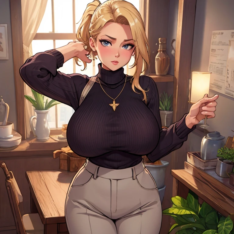 huge breast. excellent breast, masterpiece,ultra realistic,32k,extremely detailed CG unity 8k wallpaper, best quality, masterpiece,ultra realistic,32k,extremely detailed CG unity 8k wallpaper, best quality,(winter day ),lady ,necklace ,eardrop ( Orchid Pair a fitted turtleneck sweater with wide-leg pants and loafers. ) , Ash blonde hair ponytail