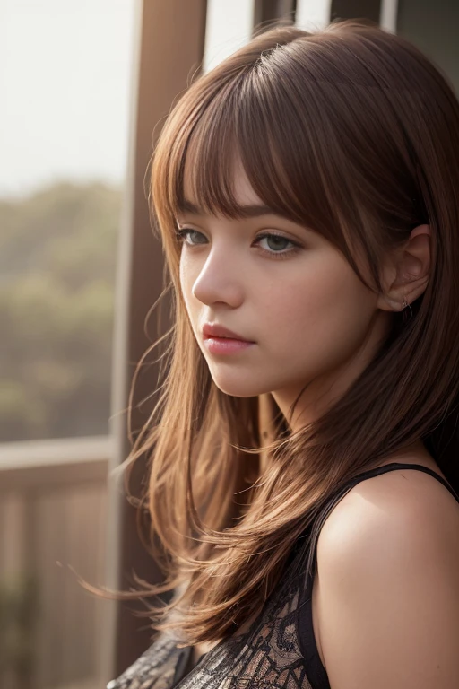 best quality, 32k, high resolution, ultra-detailed, extremely detailed, top quality, realistic, a woman, hair sways in the gentle breeze, 
