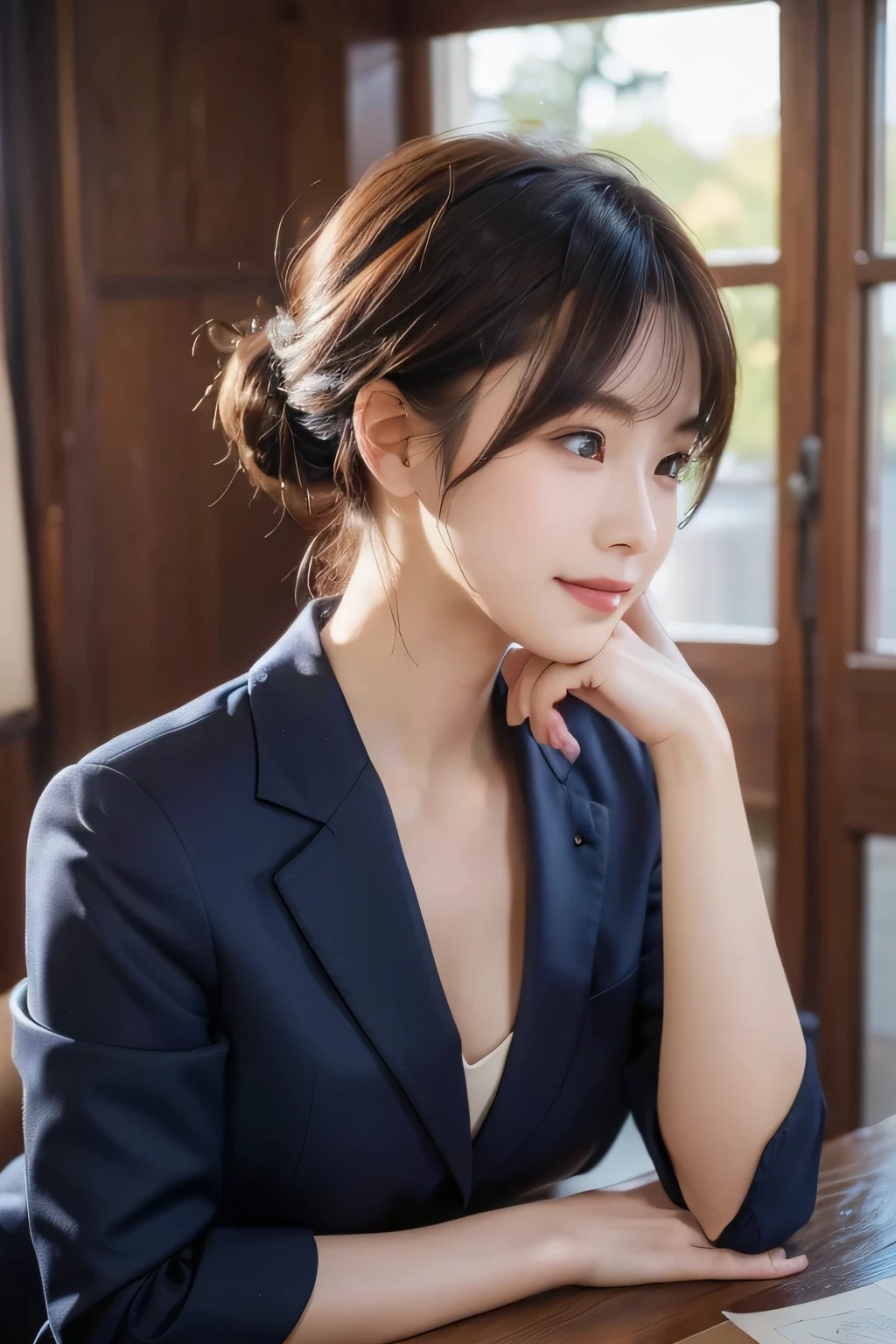 (masterpiece:1.3), (8k, Photorealistic, Raw photo, Best image quality: 1.4), Japanese 、(Random Hairstyles:1.2)、Cleavage:1.2、Super detailed face、Attention to detail、double eyelid、Sharp focus:1.2、Beautiful woman:1.4、Light brown hair、highest quality、masterpiece、超A high resolution、(Photorealistic:1.4)、Highly detailed and professionally lit smile、Shoulder out、thin、Serious expression、Short-haired、Deadly position、Lower your eyes、profile、Navy blue business suit