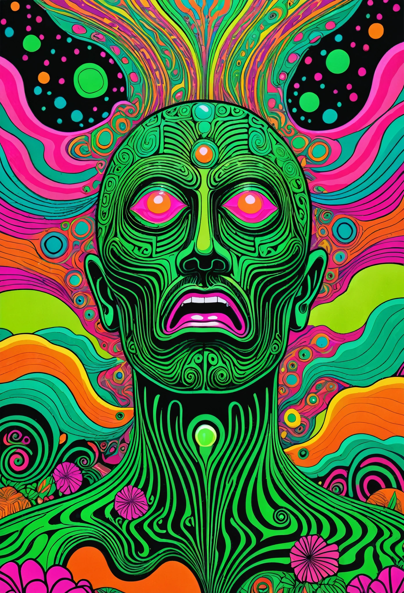 psychedelic abstract art, alucinante, Derretendo, cores verde e rosa neon, uma pintura pop art inspirada em Michael Deforge, e Mumford, tumblr, psychedelic art, psychedelic illustration, psychedelic acid trip, psychedelic trip, retro psychedelic illustration, psychedelic art style, psychedelic style, surreal psychedelic design, Viagem de LSD, psychedelic fever dream, psychedelic lsd, lsd horror shamanic art, psychotropic psychedelic