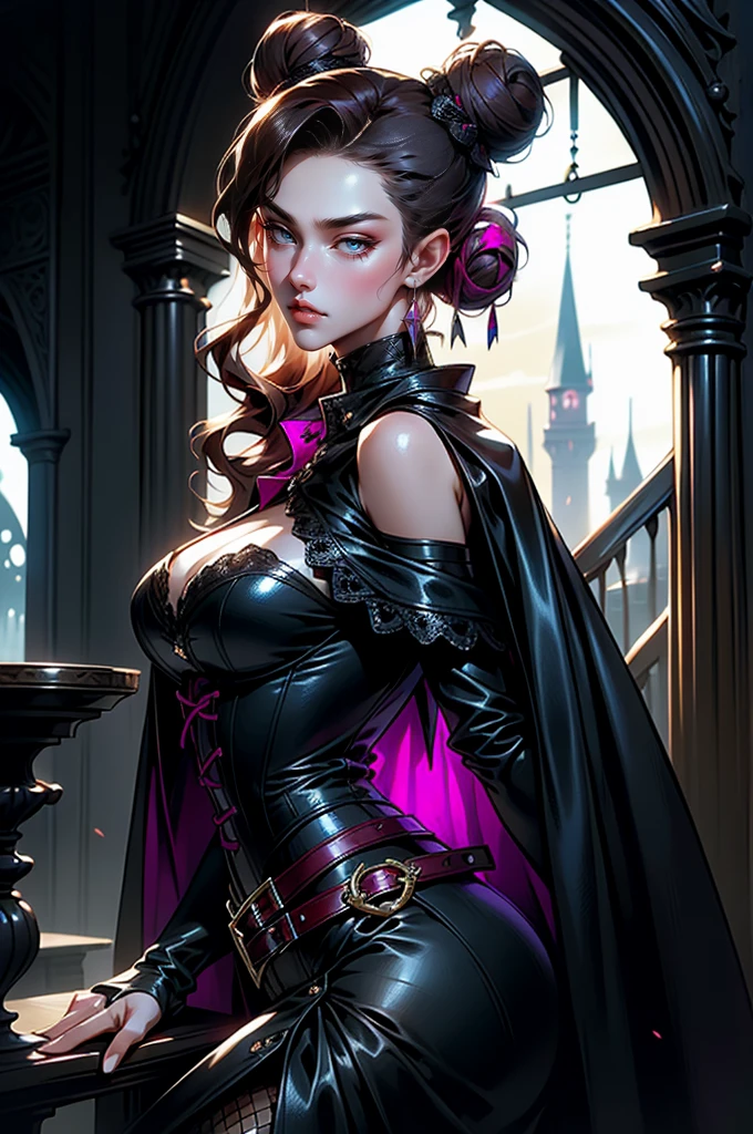 (masterpiece, top quality, best quality, official art, beautiful and aesthetic: 1.2), (1 woman: 1.3), long curly dark brown hair, ((fancy bun)), Victorian style, Victorian classic, extremely detailed, portrait, looking at the viewer, solo, (full body: 0.6), detailed background, close-up, mischievous eyes, magenta eyes (cold midnight castle theme: 1.1), vampire, long fangs, blood on chin, huge lips, charlatan, mischievous smile, mysterious, being seductive on the balcony, revealing gothic dress, extremely tight bodice, black costume, magenta skirts, off-the-shoulder, long sleeves, loose sleeves, black leather , cape, corset, black dress, fishnets, black high boots, buckles, straps, bags, glowing blood magic energy, dark magenta fabric, silver trim, black leather, extremely slim, slim waist, slim hips, medieval background (gothic castle exterior: 1.1), nocturnal, dark and mysterious lighting, shadows, magical atmosphere, Dancing lightly. backwadrs, Looking back. Very sexy, with chin resting on shoulder, abigail larson art style