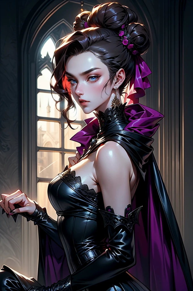 (masterpiece, top quality, best quality, official art, beautiful and aesthetic: 1.2), (1 woman: 1.3), long curly dark brown hair, ((fancy bun)), Victorian style, Victorian classic, extremely detailed, portrait, looking at the viewer, solo, (full body: 0.6), detailed background, close-up, mischievous eyes, magenta eyes (cold midnight castle theme: 1.1), vampire, long fangs, blood on chin, huge lips, charlatan, mischievous smile, mysterious, being seductive on the balcony, revealing gothic dress, extremely tight bodice, black costume, magenta skirts, off-the-shoulder, long sleeves, loose sleeves, black leather , cape, corset, black dress, fishnets, black high boots, buckles, straps, bags, glowing blood magic energy, dark magenta fabric, silver trim, black leather, extremely slim, slim waist, slim hips, medieval background (gothic castle exterior: 1.1), nocturnal, dark and mysterious lighting, shadows, magical atmosphere, Dancing lightly. backwadrs, Looking back. Very sexy, with chin resting on shoulder, abigail larson art style