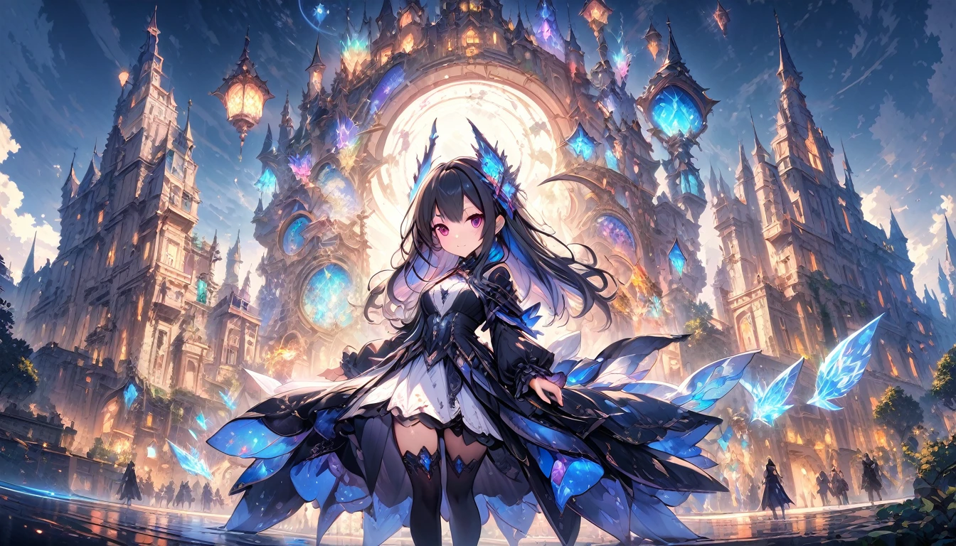 8k_wallpaper, (large masterpiece digital art), (detailed manga illustration), (detailed line art), (intricate details:1.3), (ultra-detailed:1.3), (illustration:1.3), (sharp focus:1.3), (natural lighting:1.05), (vivid colors:1.3), (masterpiece), best quality, Picture a gothic masterpiece crafted from living crystal, adorned with intricate, glowing runes that shimmer with Eldertide energy. The castle stands tall against a backdrop of an extensive, mystical forest, where crystal spires reach towards the iridescent sky. The sky itself dances with a myriad of colors, creating an otherworldly atmosphere. Chibi minions stand guard or engage in various tasks around the castle, adding a touch of whimsy to the enchanting scene. The image should capture the magical essence of Penny's realm and showcase the harmonious blend of gothic architecture and fantastical elements.