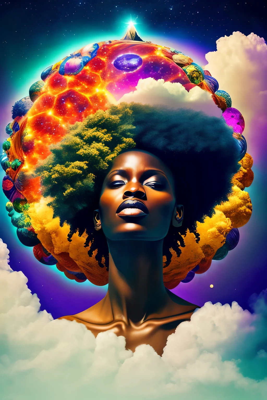 In the realm of digital art, a 4D double exposure image comes to life, merging two distinct realms into one mesmerizing masterpiece. The first layer unveils a Black woman with an elaborate afro, her kinetic energy embodying the essence of life, suspended above a colossal planet. The second layer reveals a sphere enveloped by a symphony of clouds, setting a celestial backdrop.
Inspired by the profound and intricate style of Cyril Rolando, the digital art exudes a psychedelic allure, deeply rooted in the principle of fractals and the parallax of the universe. The celestial bodies spin, weave