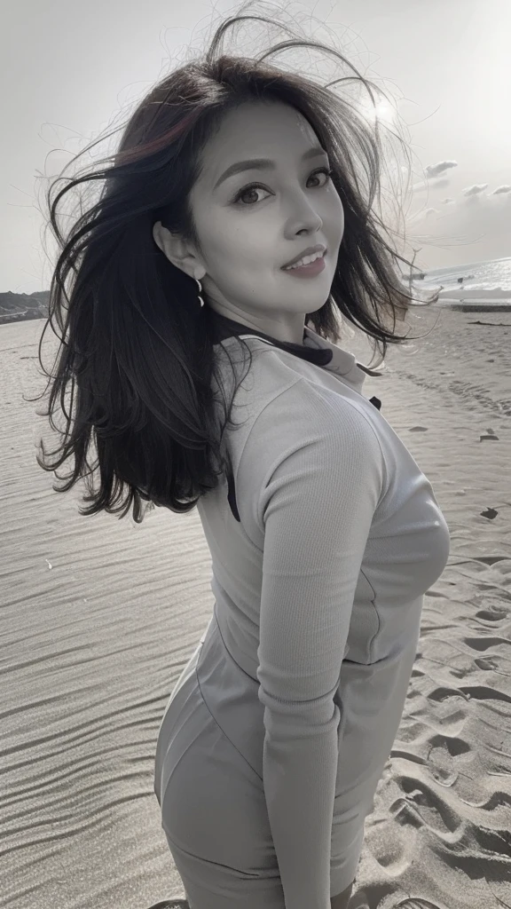 NSFW, ((Top Quality)), ((8K)), ((Masterpiece: 1.3)), (Perfect Appearance), (Photorealism: 1.6), (grayscale: 1.6), (Japanese woman walking on the beach: 1.4), (sandy beach at sunset), japanese woman, (48 years old), (back view), ((Standing upright, facing forward, center of screen)), ((Realistic skin texture)), (Fine wrinkles throughout the skin), (Dull skin), (Skin without moisture) , (Wrinkles on the face), (Wrinkles on the corners of the eyes), Double eyelids, tear bags on the lower eyelids, The eyes are looking here, serious gaze, smile with the corners of the mouth raised wide, straight medium length, hair fluttering in the wind, (Only women's lips are colored: 1.6), (bright red lips: 1.6), (face close-up: 1.3), (bright red lips: 1.2), Angle from feet: 1.2,