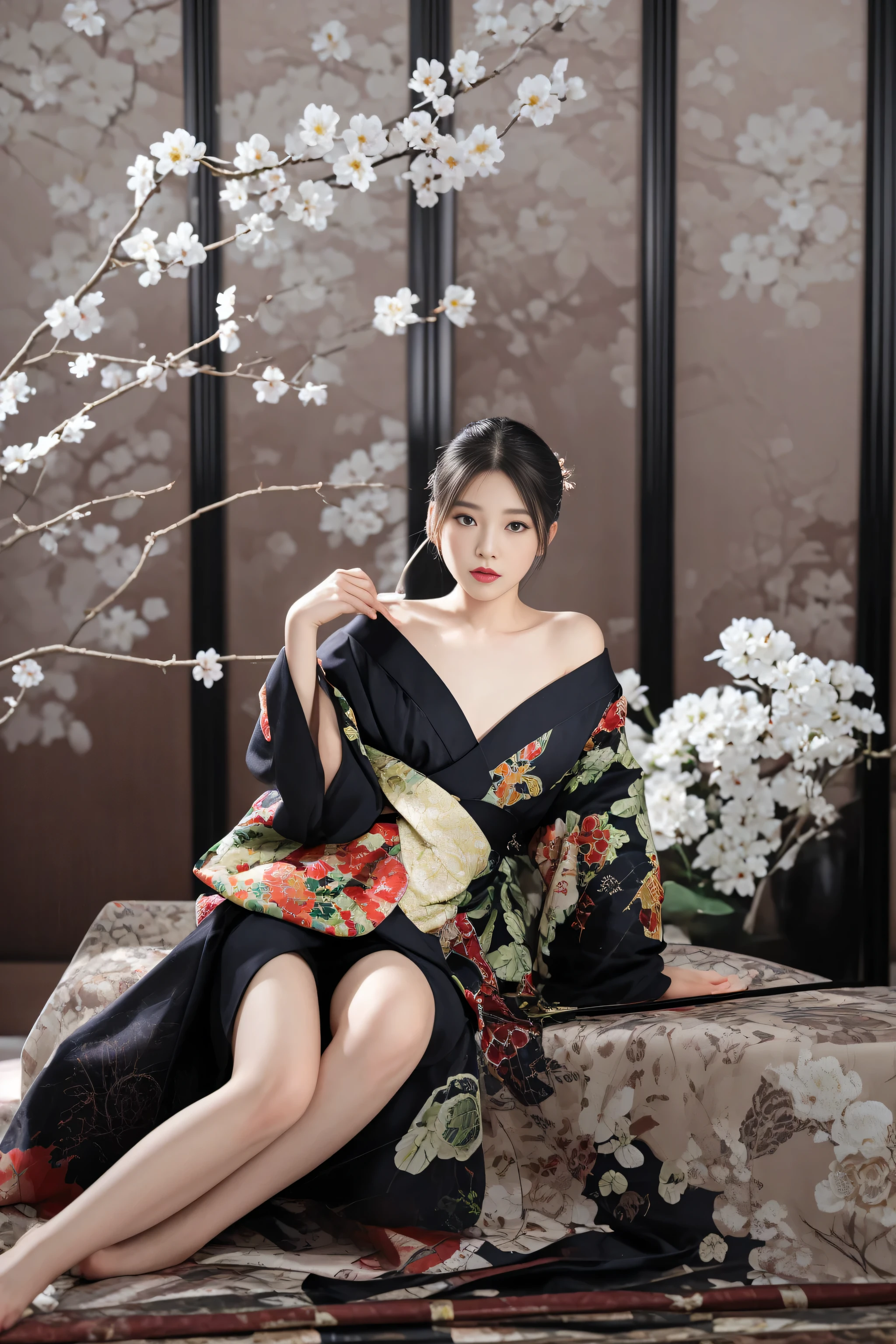 woman in a kimono sitting on a bed with a flowered background, in kimono, elegant japanese woman, wearing kimono, japanese kimono, glamorous and sexy geisha, kimono, with acient chinese clothes, palace , a girl in hanfu, intricate geisha kimono, hanfu, of taiwanese girl with tattoos, in a kimono, traditional beauty, japanese model