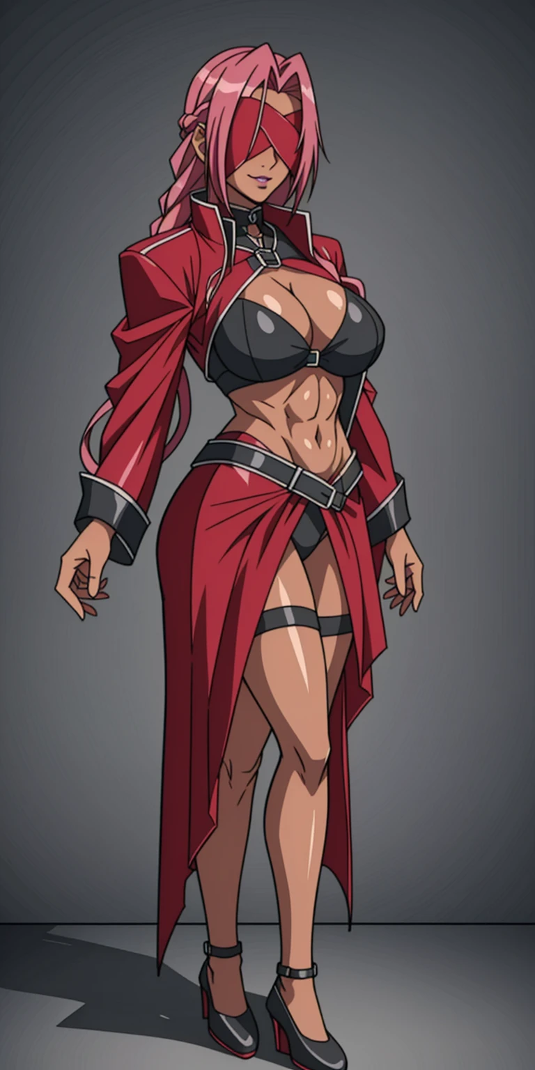 (masterpiece, high quality: 1.2) 1girl full body standing good face, nice ass, hairstyle: braid, Hair: PINK long hair, Blindfolded: NO EYES (Cross Belt Blindfold), white sin (porcelain skin, sparkly skin), muscular, thighs, mature mommy woman MILF, abs, navel, looks at the viewer smiling, extremely huge breasts, maternal, chest cover with clothes (Hell knight Ingrid (anime style) Demon Knight Ingrid (OVA))