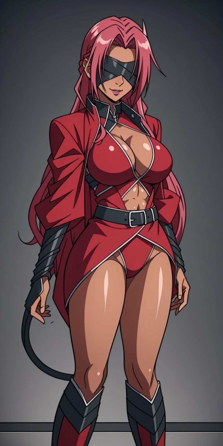 (masterpiece, high quality: 1.2) 1girl full body standing good face, nice ass, hairstyle: braid, Hair: PINK long hair, Blindfolded: NO EYES (Cross Belt Blindfold), white sin (porcelain skin, sparkly skin), muscular, thighs, mature mommy woman MILF, abs, navel, looks at the viewer smiling, extremely huge breasts, maternal, chest cover with clothes (Hell knight Ingrid (anime style) Demon Knight Ingrid (OVA))