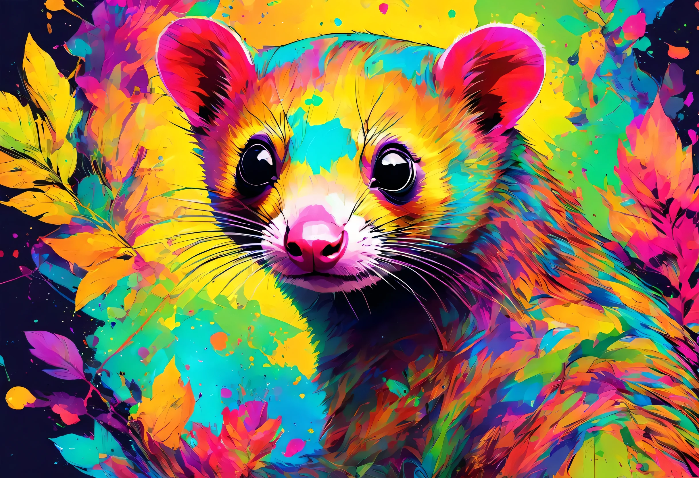 A Kinkajou with colorful paint on its whole body and leaves, vector art：Zahari Zograf, Trending on Pexels, psychedelic art, Rich in color and detail, A complex and colorful masterpiece, art：Alessandro Pautasso, very complex and colorful, colorful hd images, A colorful and intricate masterpiece, High quality HD digital art, great digital art, very colorful