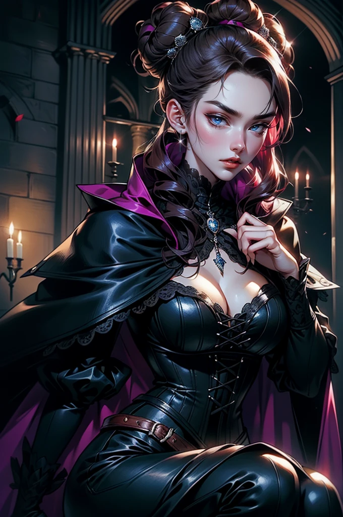 (masterpiece, top quality, best quality, official art, beautiful and aesthetic: 1.2), (1 woman: 1.3), long curly dark brown hair, ((fancy bun)), Victorian style, Victorian classic, extremely detailed, portrait, looking at the viewer, solo, (full body: 0.6), detailed background, close-up, mischievous eyes, magenta eyes (cold midnight castle theme: 1.1), vampire, long fangs, blood on chin, huge lips, charlatan, mischievous smile, mysterious, being seductive on the balcony, revealing gothic dress, extremely tight bodice, black costume, magenta skirts, off-the-shoulder, long sleeves, loose sleeves, black leather , cape, corset, black dress, fishnets, black high boots, buckles, straps, bags, glowing blood magic energy, dark magenta fabric, silver trim, black leather, extremely slim, slim waist, slim hips, medieval background (gothic castle exterior: 1.1), nocturnal, dark and mysterious lighting, shadows, magical atmosphere, Dancing lightly. Very sexy, with chin resting on shoulder, abigail larson art style