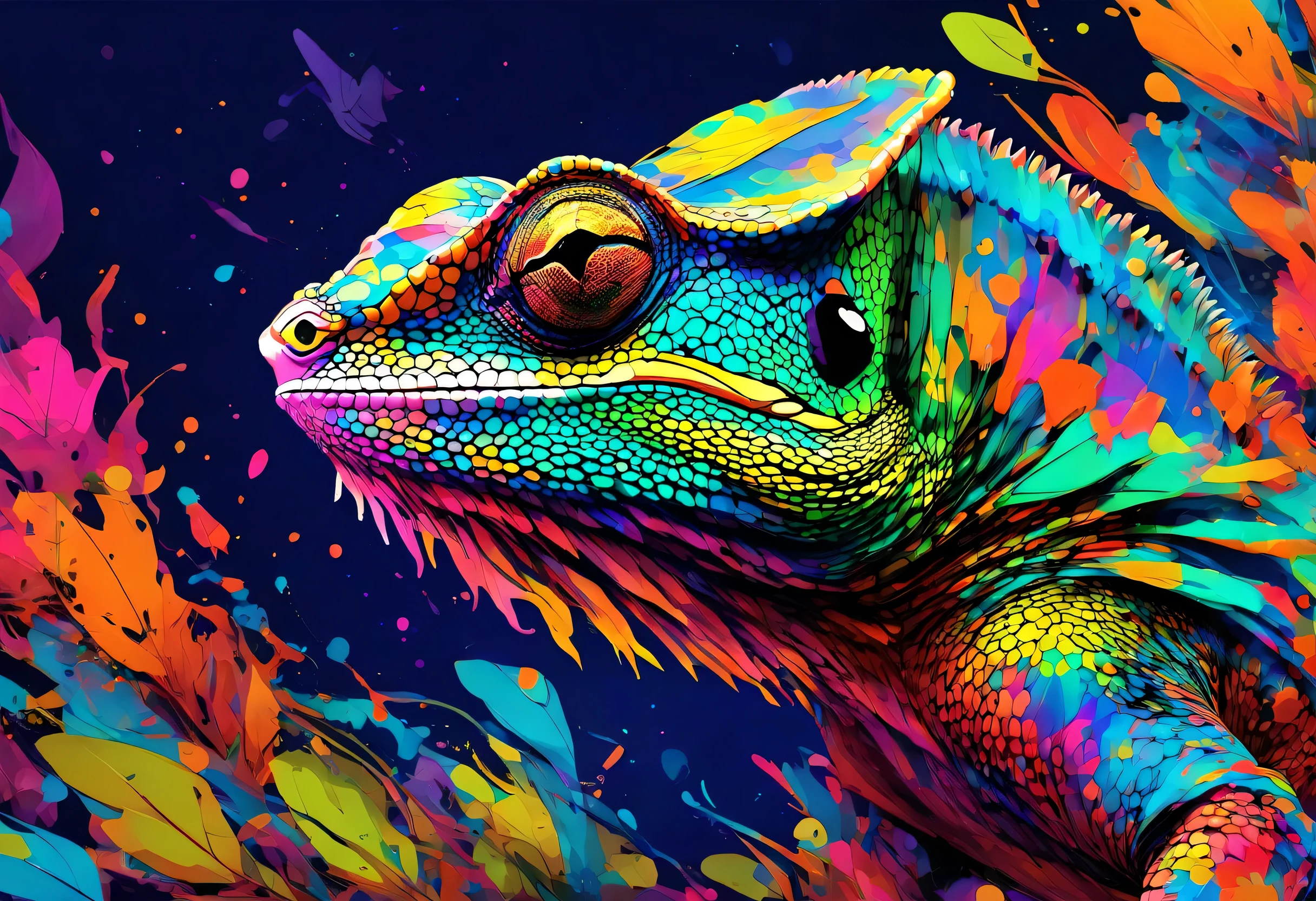 A Panther Chameleon with colorful paint on its whole body and leaves, vector art:Zahari Zograf, Trending on Pexels, psychedelic art, Rich in color and detail, A complex and colorful masterpiece, art:Alessandro Pautasso, very complex and colorful, colorful hd images, A colorful and intricate masterpiece, High quality HD digital art, great digital art, very colorful