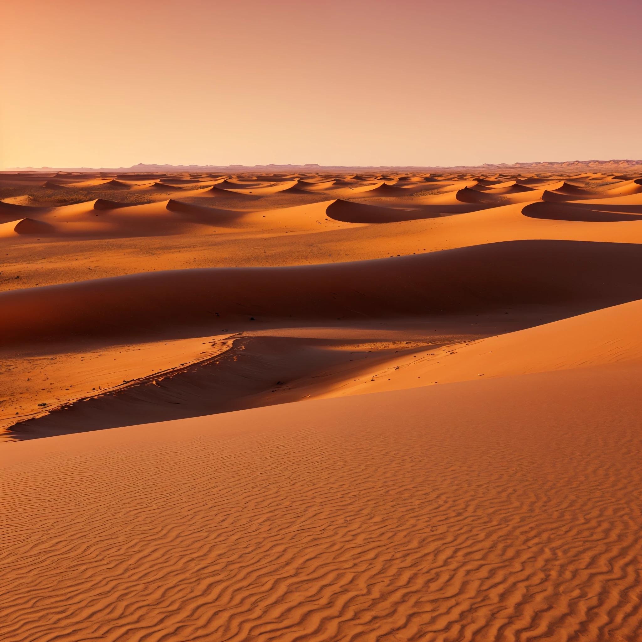 Generate an image of a vast desert landscape captured from an eye-level perspective, showcasing the expansive dunes, the endless horizon, and the vastness of the barren terrain.