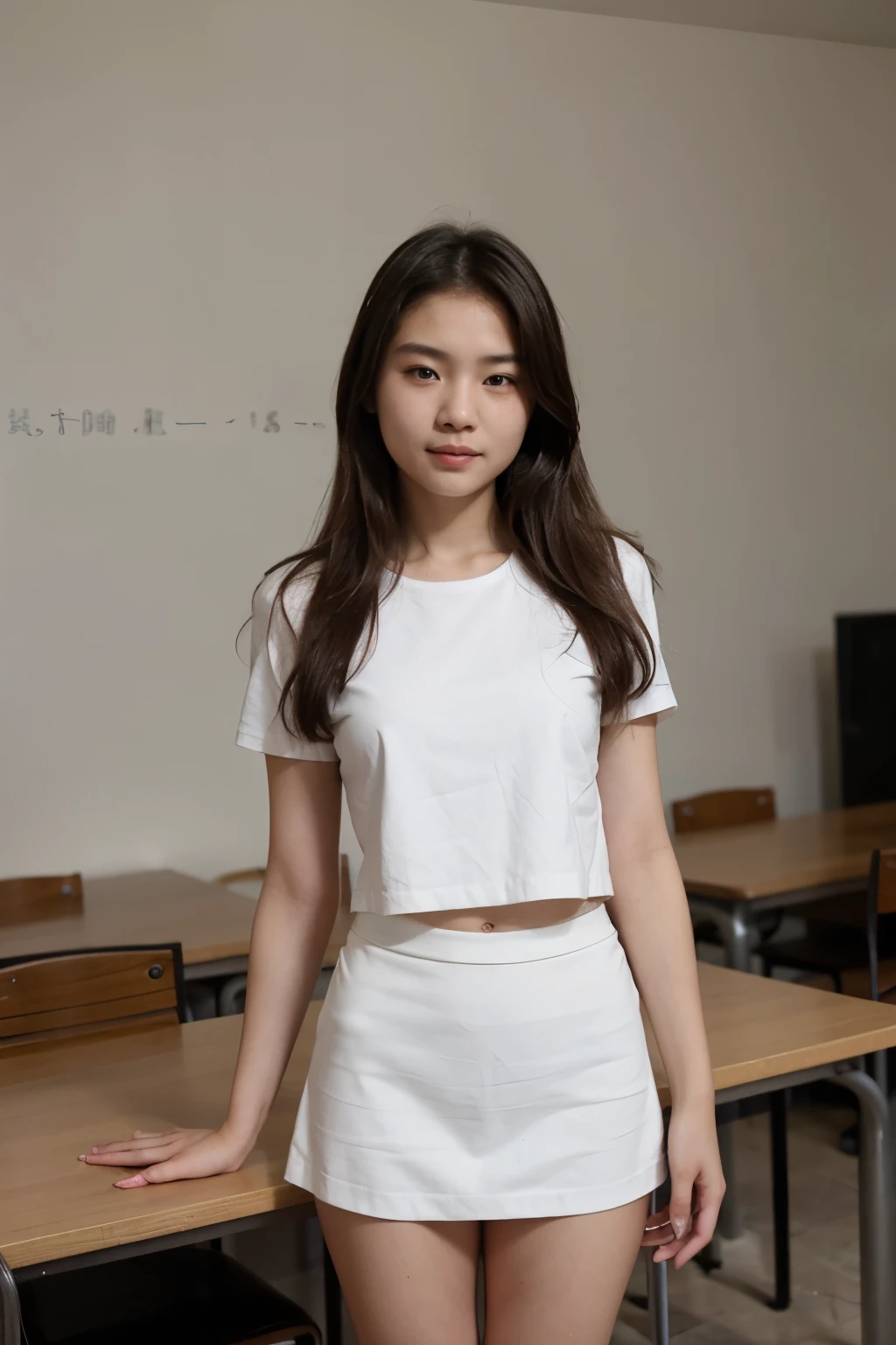 An eighth grade Chinese female student in a white short skirt(whole body)