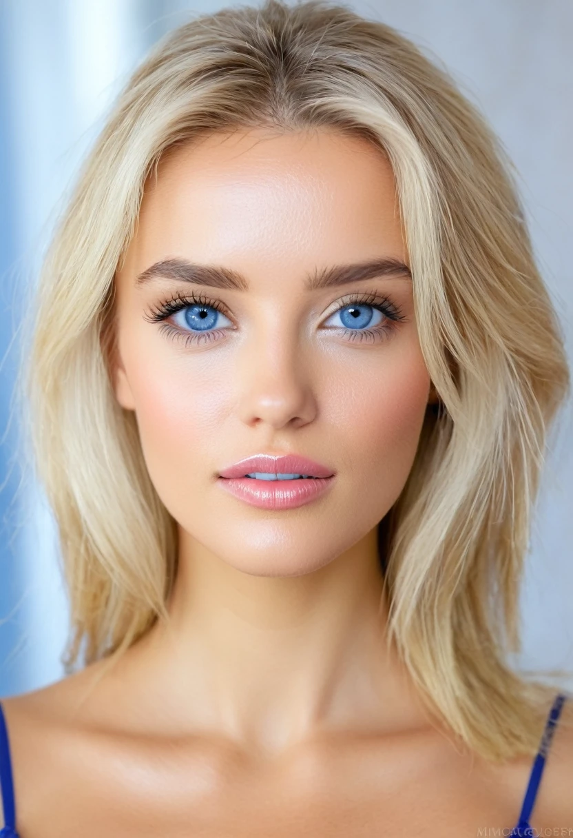 Genera la cara de una mujer blanca, ojos azules, rostros cuadrado, nariz delgada, labios carnosos, blonde hair and background a living room with good lighting
