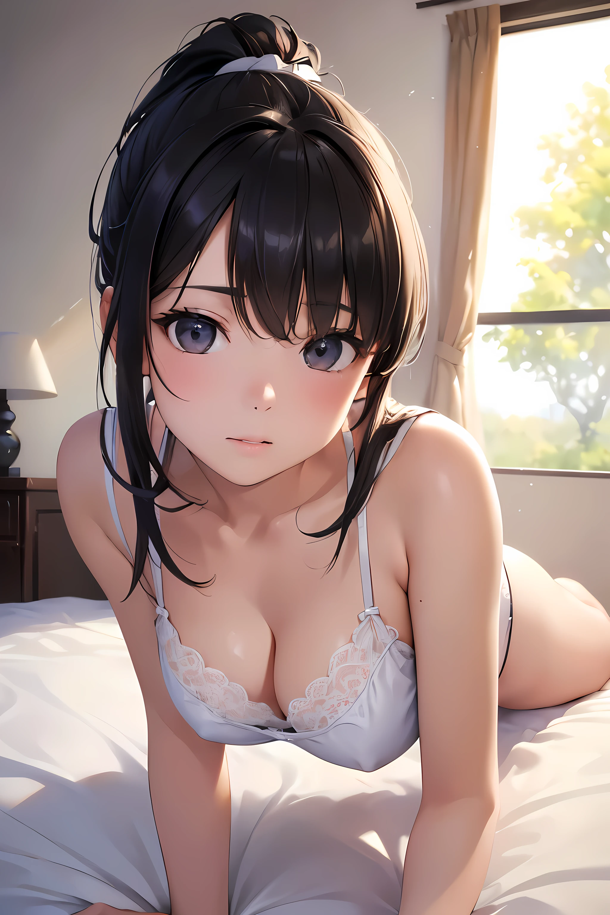 (highest quality、4k、8k、High resolution、masterpiece:1.2)、Super detailed、(Realistic、Photorealism、Photorealism:1.37)、ponytail、Black Hair、high school girl、Bedroom、On the bed、sunlight、Light-colored clothing、Slightly exposed neckline, White half camisole、Show off your breasts、、In underwear、On all fours