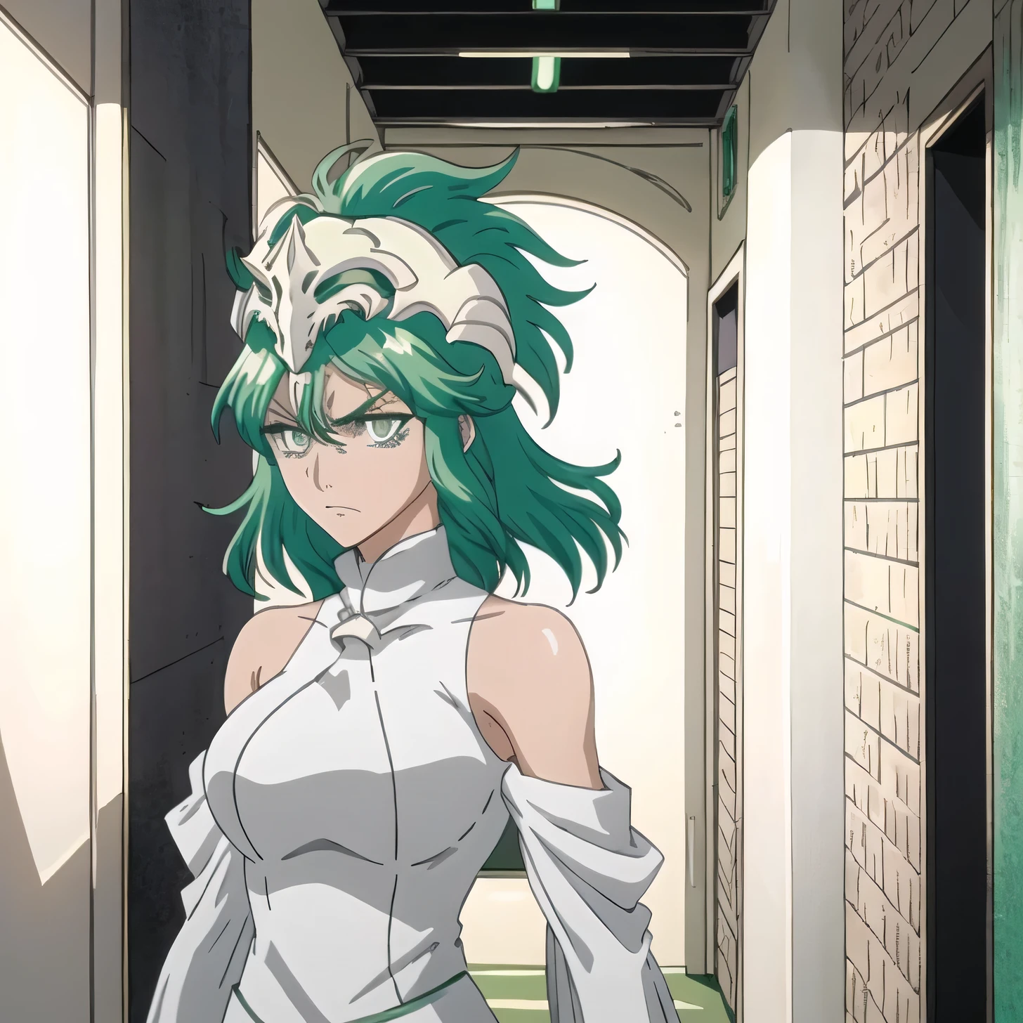 1girl, solo, arrancar, bare shoulders, haughty attitude, long neon green hair, emerald color eyes, olive skin, white and black clothes, high collar close to neck, middle aged woman, bleach art-style, 2d, scowling, traversing , traversing empty ivory hallway, wearing white spartan helmet on head,