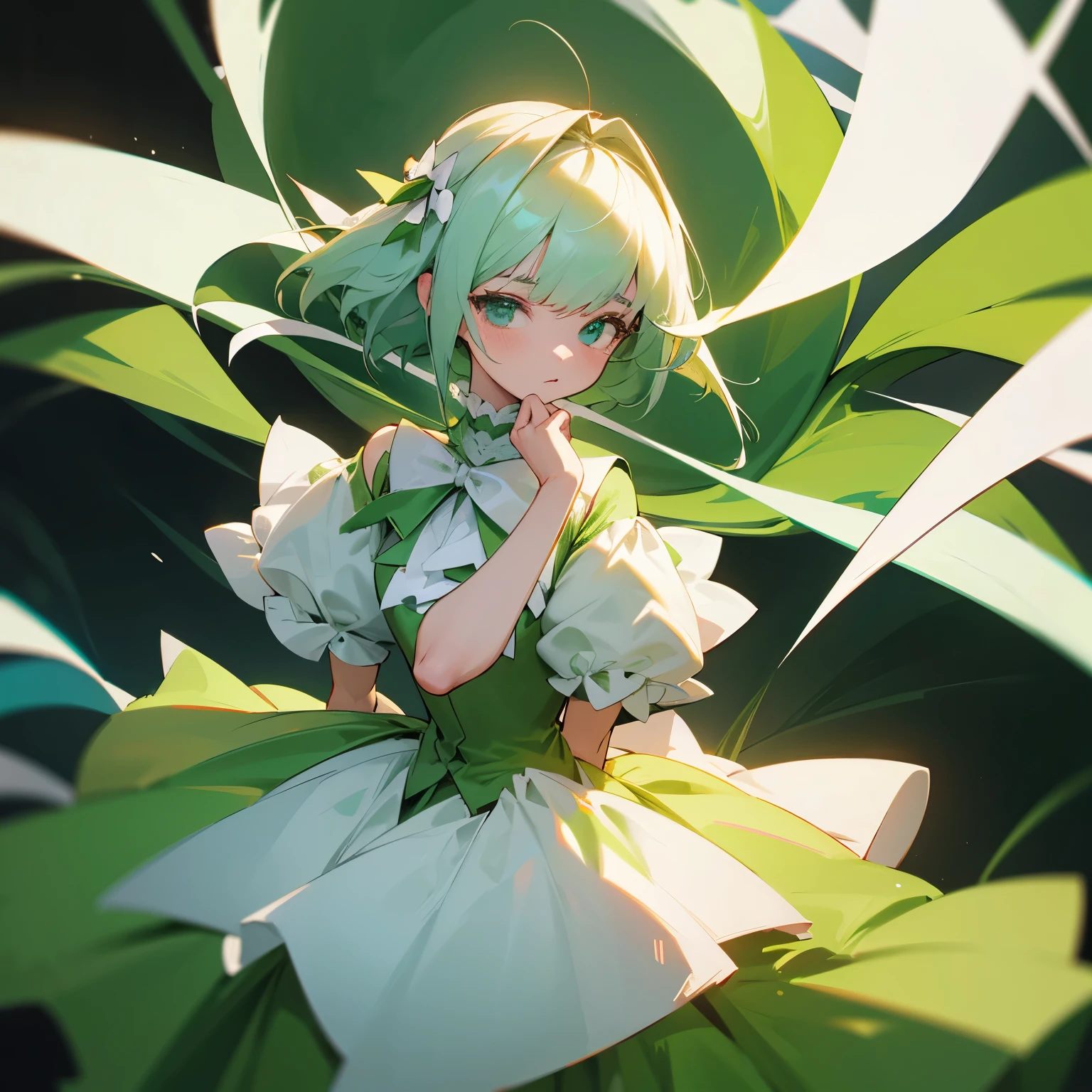 (masterpiece，Highest quality，Highest quality，Beautiful and beautiful:1.2)，Realistic，Full body portrait，A beautiful girl the size of a flower, Flower spirits in human form，Standing at the limit，Face Focus，Beautiful Eyes，Between the leaves，Ultra-realistic，Charm，Emerald Green Costume，sleeveless long dress，Sparkling，Aura-luminescence，Transparency，Pale green and yellow tones，Bright light，High resolution，Super detailed，Bright colors，Cute expression，Happy Max Emotion，Character Design, Digital Art