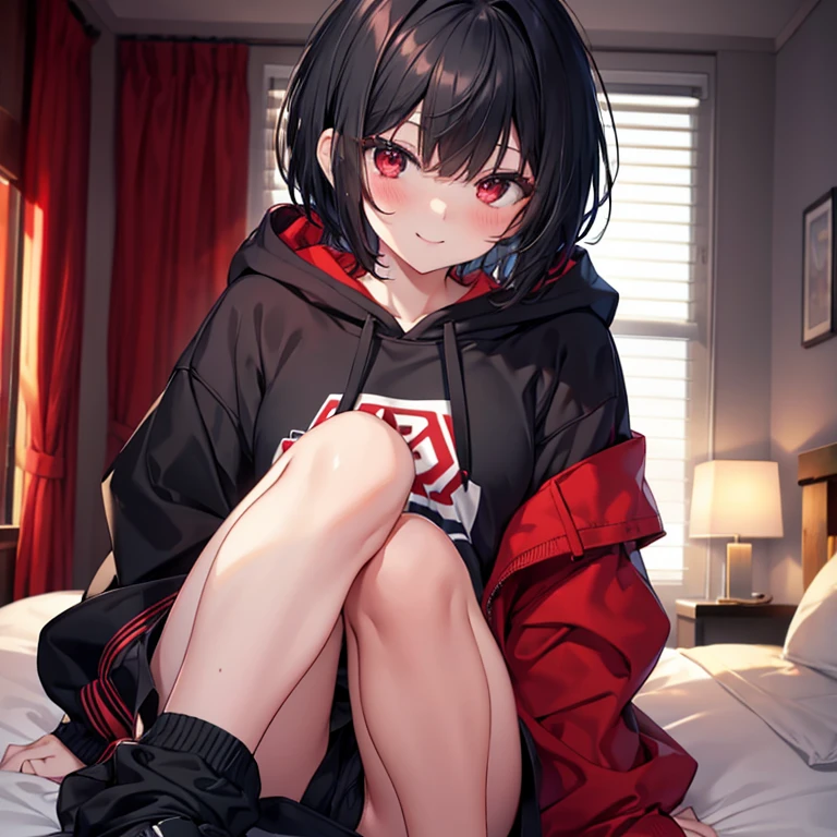 Girl, Slim body, black hair, Short hair, red eyes, smiling, blushing, Oversized hoodie, Bedroom