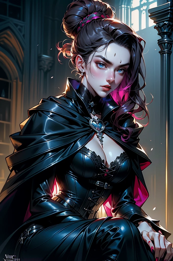 (masterpiece, top quality, best quality, official art, beautiful and aesthetic: 1.2), (1 woman: 1.3), long curly dark brown hair, ((fancy bun)), Victorian style, Victorian classic, extremely detailed, portrait, looking at the viewer, solo, (full body: 0.6), detailed background, close-up, mischievous eyes, magenta eyes (cold midnight castle theme: 1.1), vampire, long fangs, blood on chin, huge lips, charlatan, mischievous smile, mysterious, being seductive on the balcony, revealing gothic dress, extremely tight bodice, black costume, magenta skirts, off-the-shoulder, long sleeves, loose sleeves, black leather , cape, corset, black dress, fishnets, black high boots, buckles, straps, bags, glowing blood magic energy, dark magenta fabric, silver trim, black leather, extremely slim, slim waist, slim hips, medieval background (gothic castle exterior: 1.1), nocturnal, dark and mysterious lighting, shadows, magical atmosphere, sitting on the ground. Very sexy, with chin resting on shoulder, abigail larson art style