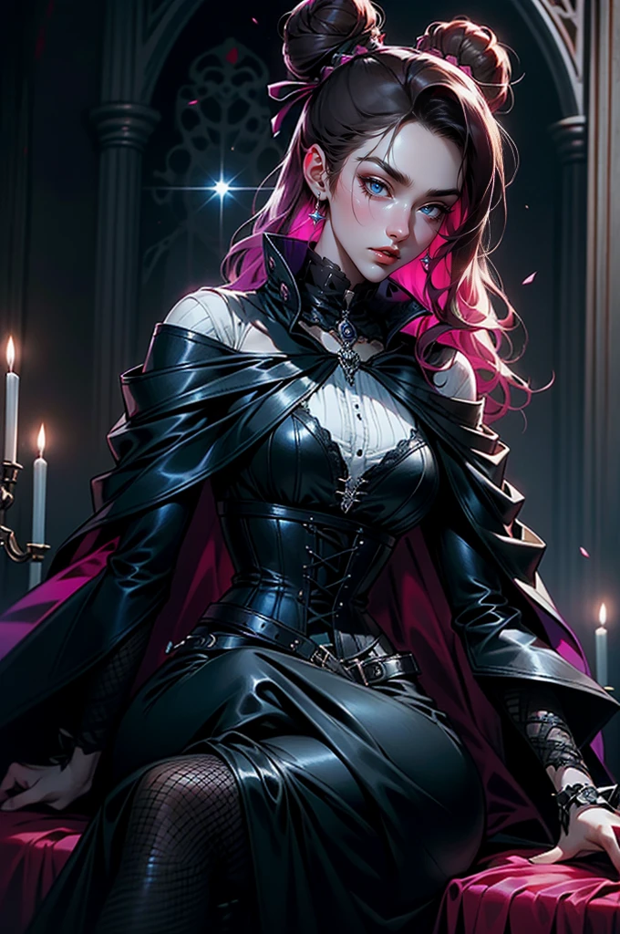 (masterpiece, top quality, best quality, official art, beautiful and aesthetic: 1.2), (1 woman: 1.3), long curly dark brown hair, ((fancy bun)), Victorian style, Victorian classic, extremely detailed, portrait, looking at the viewer, solo, (full body: 0.6), detailed background, close-up, mischievous eyes, magenta eyes (cold midnight castle theme: 1.1), vampire, long fangs, blood on chin, huge lips, charlatan, mischievous smile, mysterious, being seductive on the balcony, revealing gothic dress, extremely tight bodice, black costume, magenta skirts, off-the-shoulder, long sleeves, loose sleeves, black leather , cape, corset, black dress, fishnets, black high boots, buckles, straps, bags, glowing blood magic energy, dark magenta fabric, silver trim, black leather, extremely slim, slim waist, slim hips, medieval background (gothic castle exterior: 1.1), nocturnal, dark and mysterious lighting, shadows, magical atmosphere, sitting on the ground. Very sexy, with chin resting on shoulder, abigail larson art style