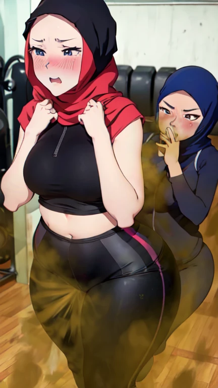 2 Asian girls, both farting side by side, desperate to poop, in gym, farting while working out, stomach growling, wearing yoga pants and exercise clothes, wearing hijab, malaysian girl, tomboy, stomach bloated, hands hugging stomach, pained expression, shocked and embarrassed, mouth open in shock, blushing, beautiful and cute face, anime art style, fit body, tall and thin, view from front