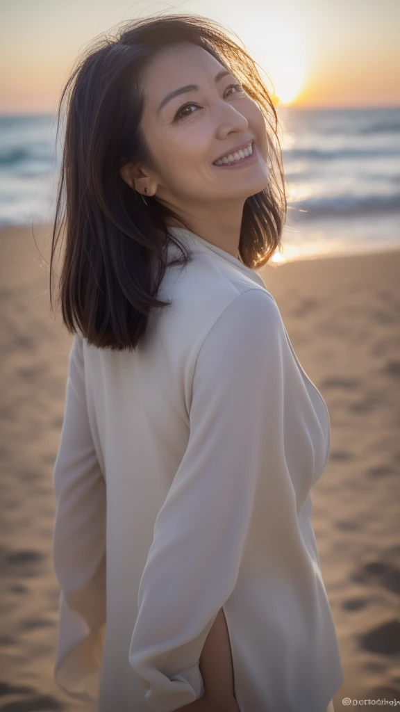 NSFW, NSFW, ((Top Quality)), ((8K)), ((Masterpiece: 1.3)), (Perfect Appearance), (Photorealism: 1.6), (Japanese woman walking on the beach: 1.4), (sandy beach at sunset), japanese woman, (48 years old), (back view), ((Standing upright, facing forward, center of screen)), ((Realistic skin texture)), (Fine wrinkles throughout the skin), (Dull skin), (Skin without moisture) , (Wrinkles on the face), (Wrinkles on the corners of the eyes), Double eyelids, tear bags on the lower eyelids, The eyes are looking here, serious gaze, smile with the corners of the mouth raised wide, straight medium length, hair fluttering in the wind, (face close-up: 1.3), Angle from feet: 1.2,