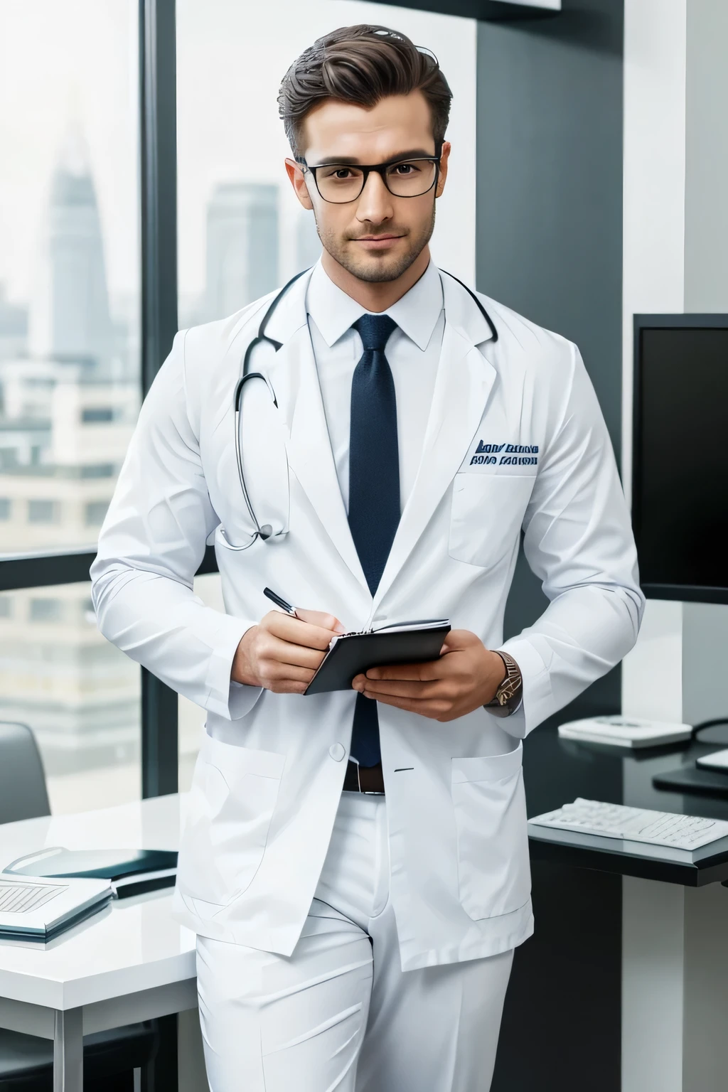 British brand ambassador,Real photography photos, photo of a handsome man, White shirt,Tie,White shirt,Tie,Wearing black glasses,full-body shot,Standing,Wearing white medical gown, Right hand holding a notebook,British brand ambassador, Corporate photos, Handsome man, Professional portrait HD, Wearing white doctor uniform,Beautiful and attractive, Professional profile photo, Attractive man,real picture