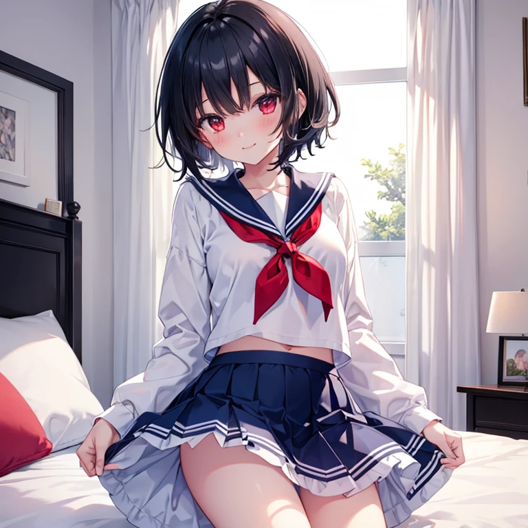 Girl, Slim body, black hair, Short hair, red eyes, smiling, blushing, white sailor , blue skirt, Bedroom