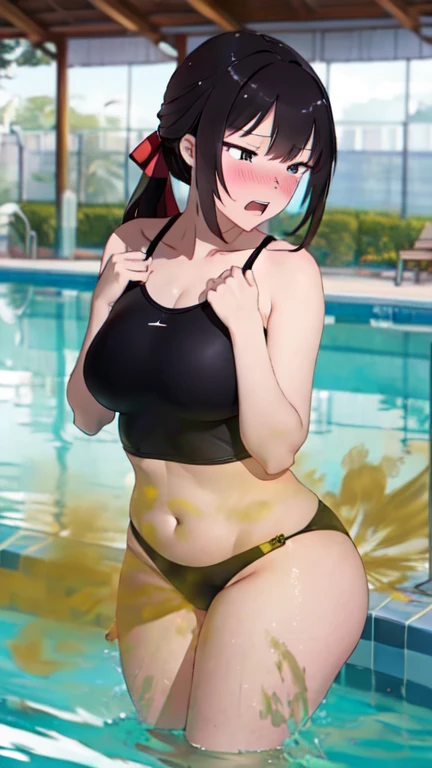 2 Asian girls, both farting side by side, desperate to poop, in pool, farting while bending over, stomach growling, wearing swimsuits, malaysian chinese girl, tomboy, stomach bloated, hands hugging stomach, pained expression, shocked and embarrassed, mouth open in shock, blushing, beautiful and cute face, anime art style, fit body, tall and thin, view from front