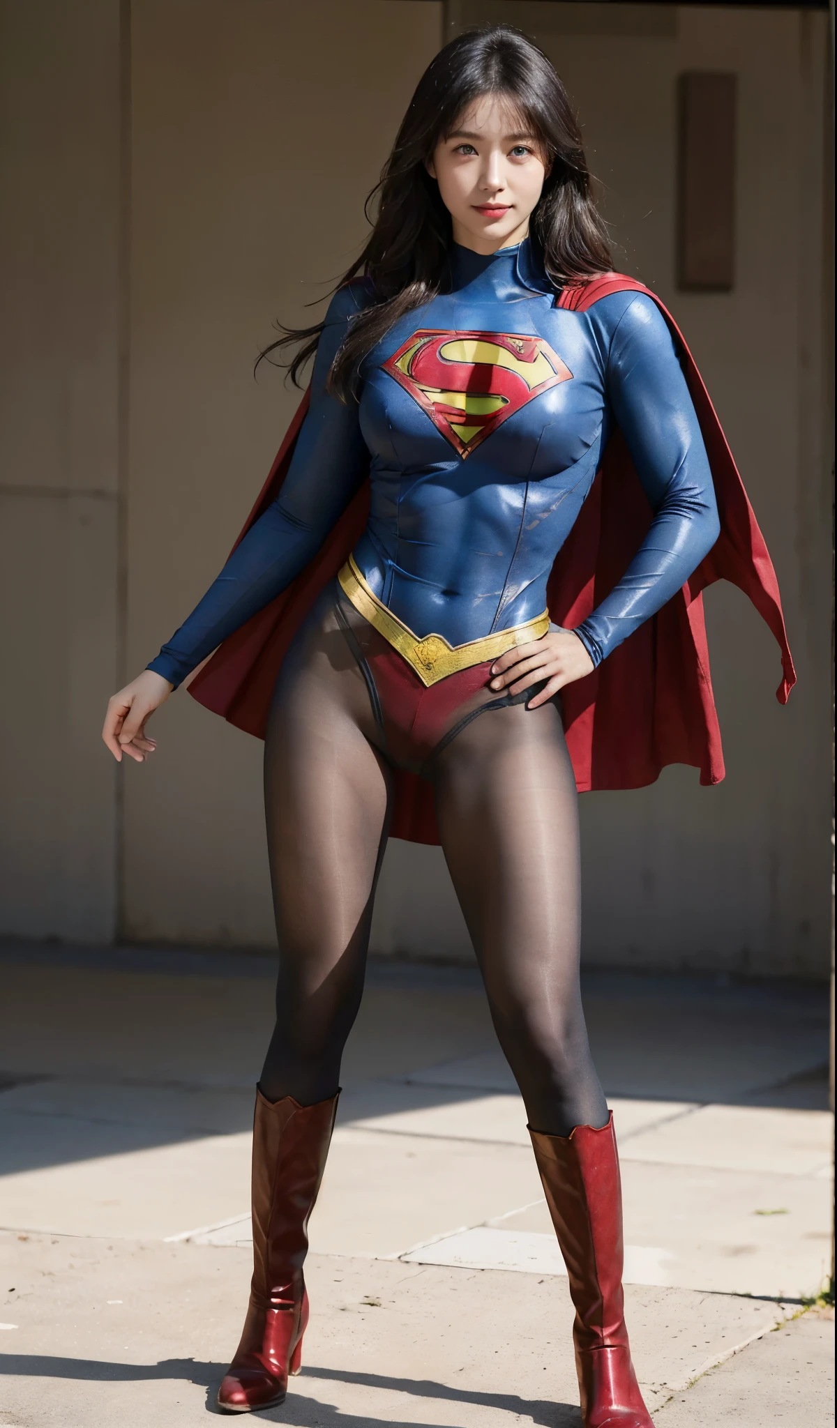 No background、(((Beautiful legs in black tights.)))、(((Legally express the beauty of your smile)))、((((Make the most of your original images)))、(((Supergirl Costume)))、(((Beautiful Hair)))、(((suffering)))、(((Please wear black tights....、Wear red boots)))、((Best image quality、8k))、((highest quality、8k、masterpiece:1.3))、(((Preserve background )))、Sharp focus:1.2、Beautiful woman with perfect figure:1.4、Slim Abs:1.2、Wet body:1.5、Highly detailed face and skin texture、8k