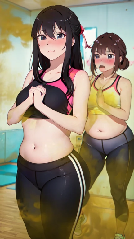 2 Asian girls, both farting side by side, desperate to poop, in gym, farting while working out, stomach growling, wearing yoga pants and exercise clothes, malaysian chinese girl, tomboy, stomach bloated, hands hugging stomach, pained expression, shocked and embarrassed, mouth open in shock, blushing, beautiful and cute face, anime art style, fit body, tall and thin, view from front