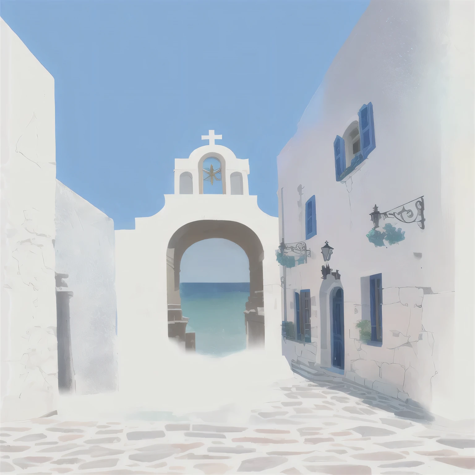 There is a white building with a blue door and a clock., whitewashed buildings, Greece Settings, Fantasy panorama of Greece, Fantasy landscapes of Greece, stylized digital illustration, church painting, Greece, an arch, Greek Style, by Necklace Stroutoniekas, arch, Mediterranean cities, style in digital painting, church, In L'Anscape in the Mediterranean