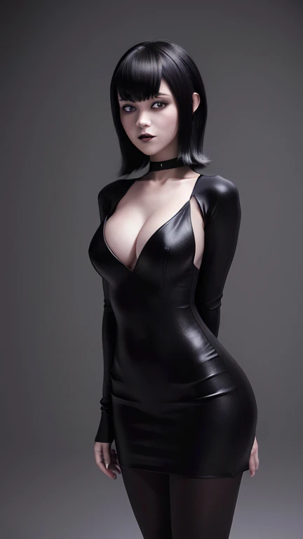 shokokomidef, Ultra realistic, 16k, high quality, incredibly detailed, dream aesthetic, dream atmosphere, evil girl (vampire aesthetic), goth makeup, tall, realistic short black silky hair, hair messy fringe, (cute) black (realistic) shiny eyes, real hair fluttering, blushing cheeks, pale-grey skin illuminated, realistic perfect shading, absurdres, realistic textures, solo, alone, 1girl, tall, looking at viewer, large realistic natural breasts, cleavage, black pantyhose, black dress with very details (realistic texture), standing, different positions at different angles, dark gothic background (background unfocused), masterpiece, best quality, Photorealistic.