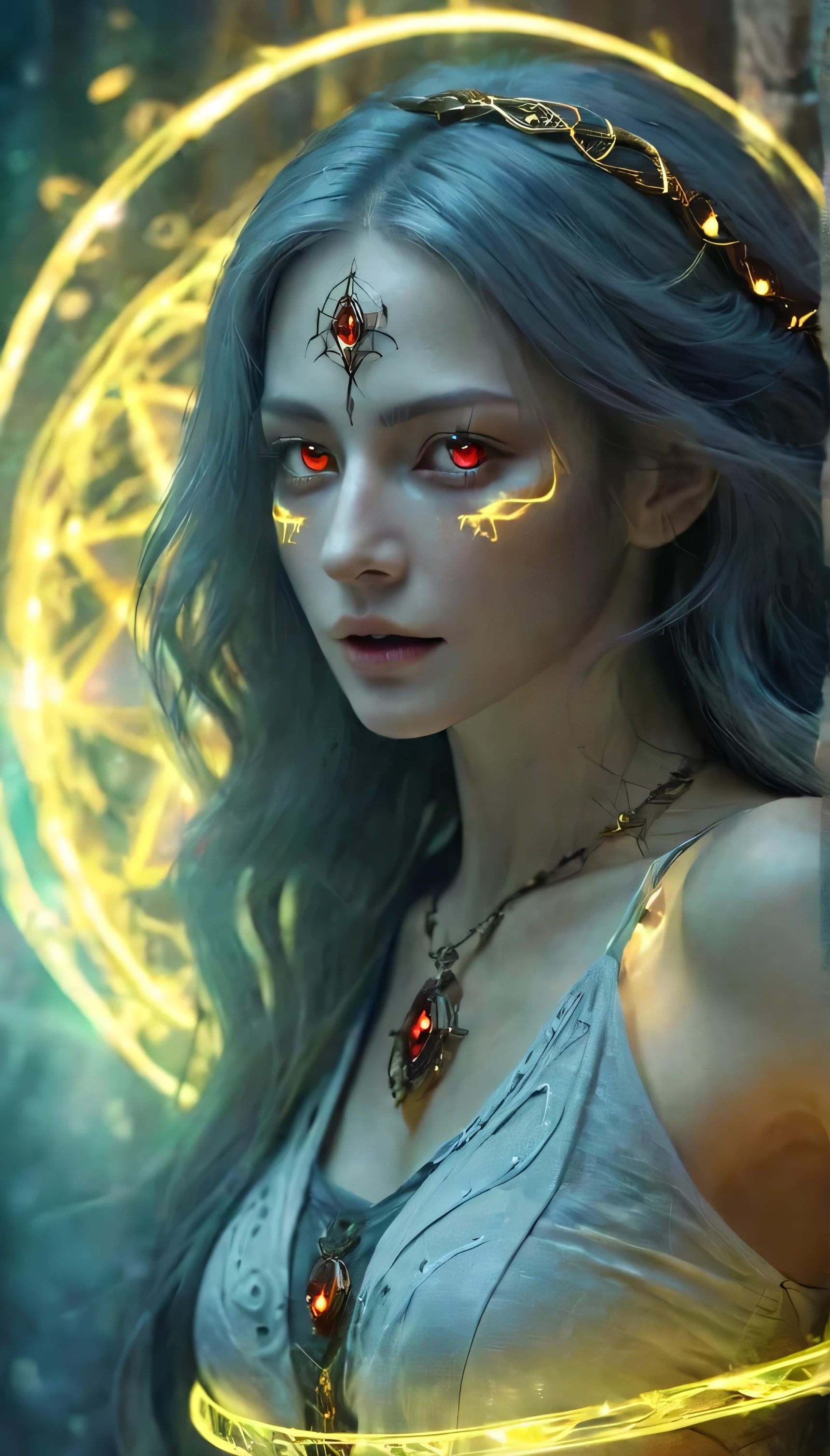 1 girl,adult (elven:0.7) woman,freckles,yellow eyes,gray long hair,
solo,half shot,looking up,detailed background,detailed face,(glowing eyes:1.05),dilated pupils,summoner,unholy,intricate necromancer clothes,amulet,conjuring,movement,evil smile,ritual,pentagram,surrounded by dark  dark magical inscriptions,red swirling summoning energy,(style-swirlmagic:0.7),calling forth evil power,tower background,dark glowing aura,ethereal atmosphere,magic circle,magic array,magic circles,