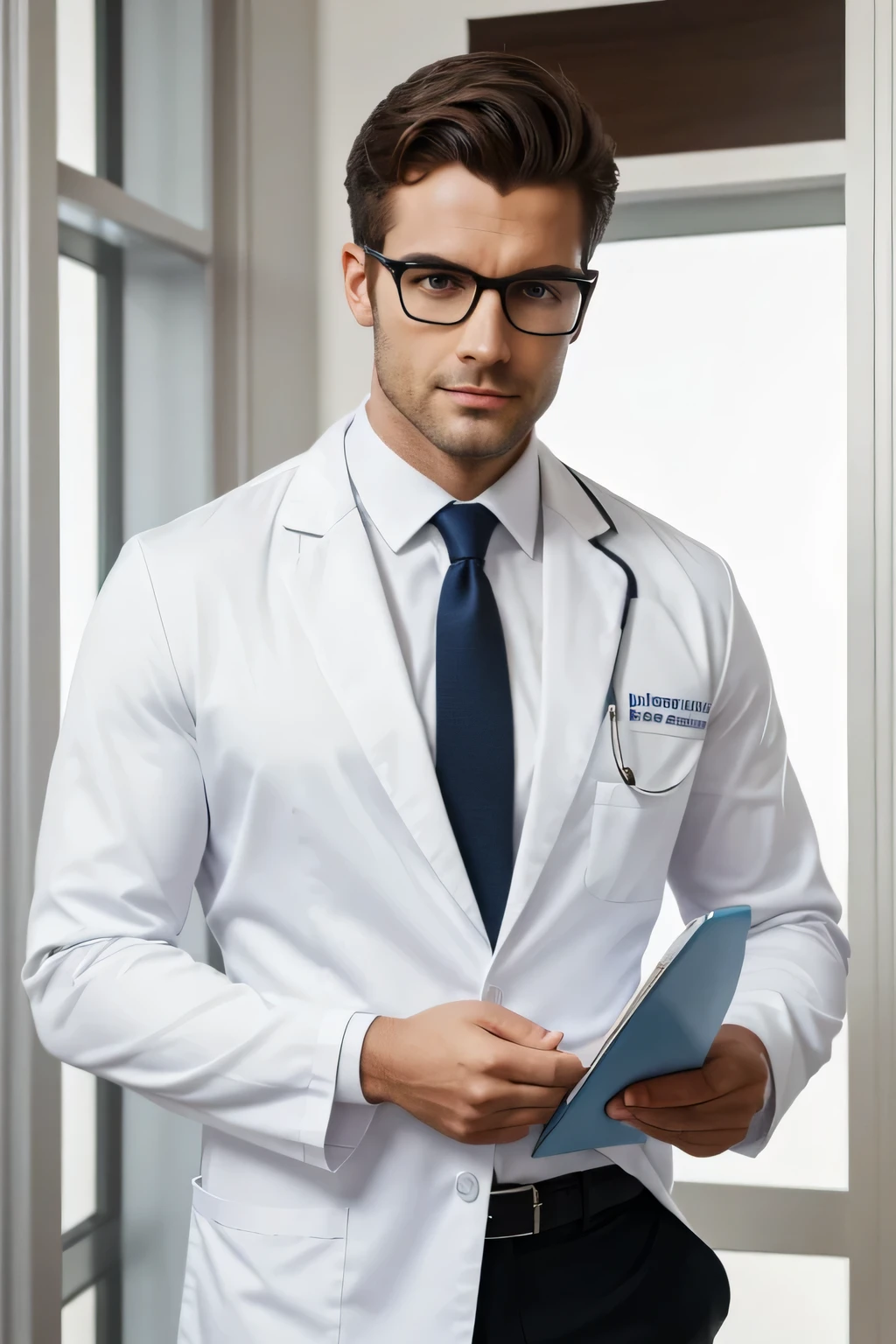 British brand ambassador,Real photography photos, photo of a handsome man, White shirt,Tie,White shirt,Tie,Wearing black glasses,Full body front view,Standing,Wearing white medical gown, Right hand holding a notebook,British brand ambassador, Corporate photos, Handsome man, Professional portrait HD, Wearing white doctor uniform,Beautiful and attractive, Professional profile photo, Attractive man,real picture