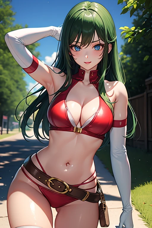 masterpiece, best quality,detailed, highres,shiny skin,1girl, solo,BREAK,
timegal, blue eyes, long hair, breasts, green hair,  bangs, medium breasts, shiny hair,lips,shiny skin,BREAK,
belt,  gloves, boots, navel,  white gloves,  thighs, red midriff,  red sleeveless,knee boots,  white footwear, elbow gloves, crop top, cleavage,(gray shoulder armor), red bikini,  
BREAK,
((( outdoors, ))),(( cowboy shot , dynamic pose, looking at viewer, )), light smile,
