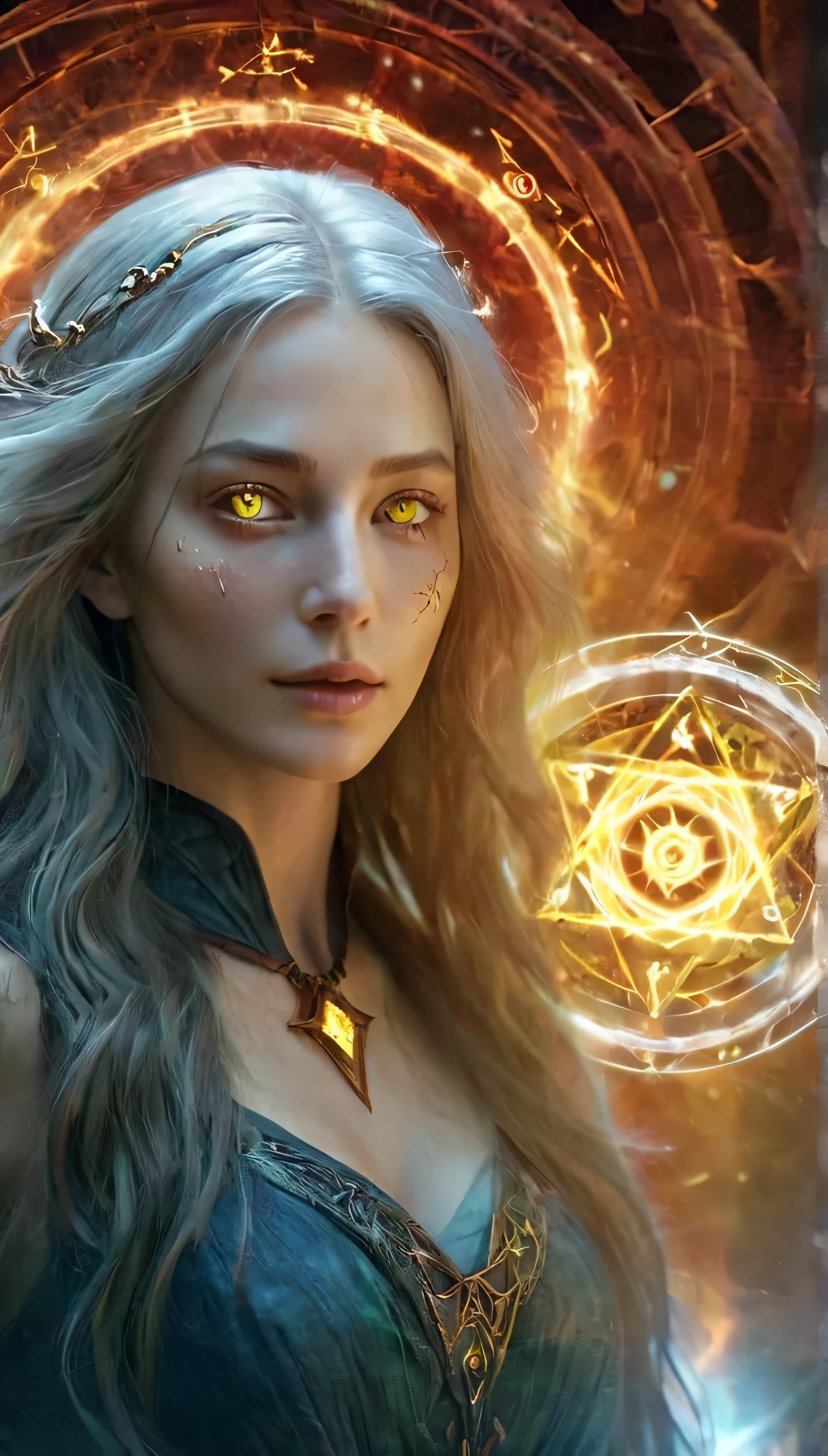 1 girl,adult (elven:0.7) woman,freckles,yellow eyes,gray long hair,
solo,half shot,looking up,detailed background,detailed face,(glowing eyes:1.05),dilated pupils,summoner,unholy,intricate necromancer clothes,amulet,conjuring,movement,evil smile,ritual,pentagram,surrounded by dark  dark magical inscriptions,red swirling summoning energy,(style-swirlmagic:0.7),calling forth evil power,tower background,dark glowing aura,ethereal atmosphere,magic circle,magic array,magic circles,