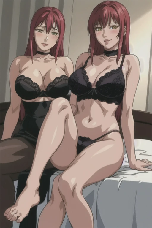 masterpiece, best quality, highres, 1 girls, black lace bra, micro ruffle skirt, bedroom, full body shot, (smug:0.3), looking at viewer, focus solo, sexy pose, mature, flip flops, detailed feet, busty, cleavage, redhead, seductive, dangling shoes, red eyeshadow, glossy lips, black choker, long hair, laying in bed, complete body, seducing, yellow eyes, blush, sexy legs, honey skin tone,