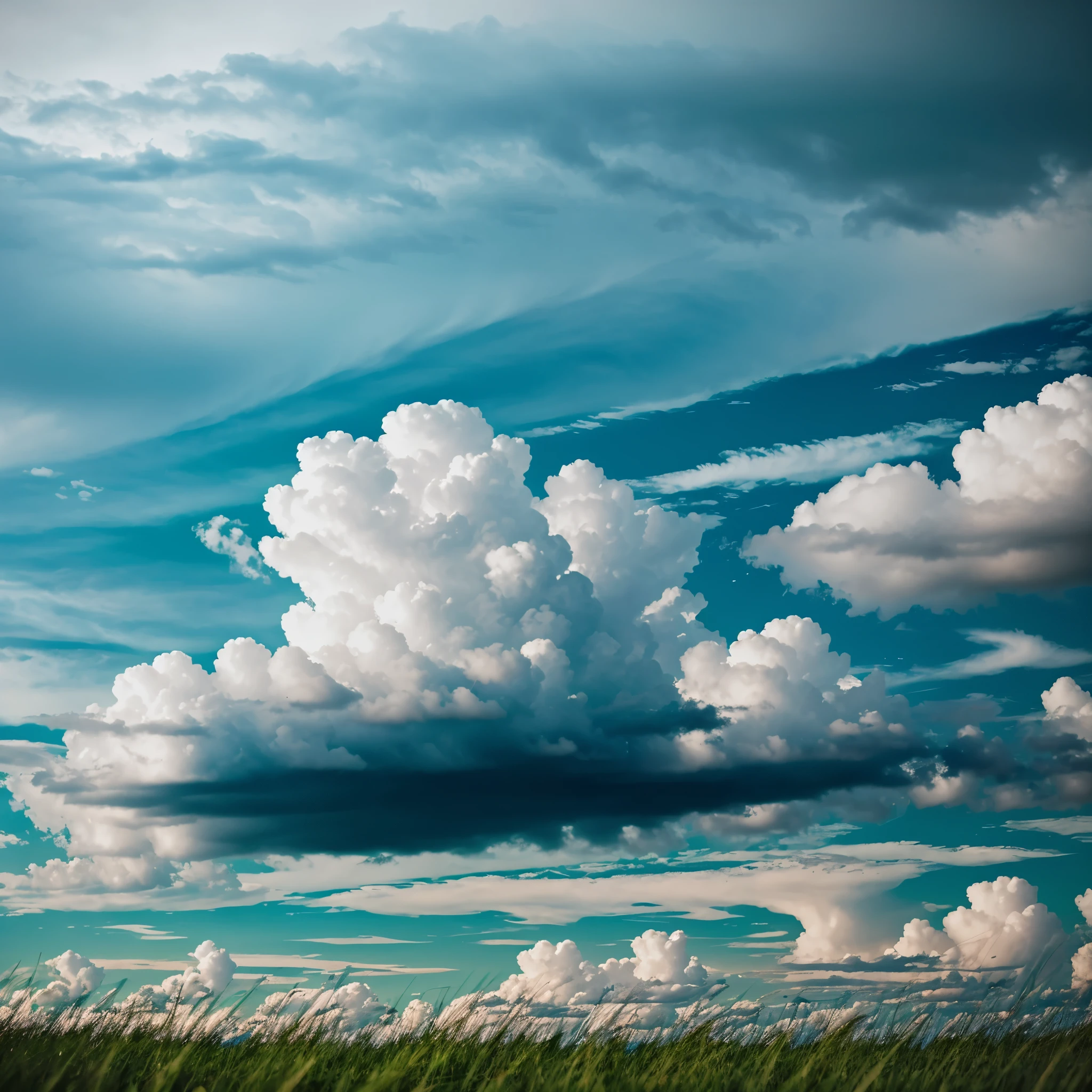 Generate an image capturing the serene beauty of a grassy field under a dramatic, cloudy sky, as seen from an eye-level perspective.