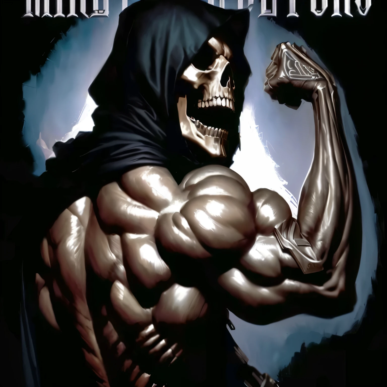 a closeup of a person with a hood and fist, Esqueletor, He-man con una manera oscura, segador of night!!!!, portrait of Esqueletor, guerrero esqueleto, obras de arte de metales pesados, segador, grim segador, muerte cruel, portada del disco de heavy metal, estilo de arte heavy metal, Dios de la muerte, portrait painting of Esqueletor